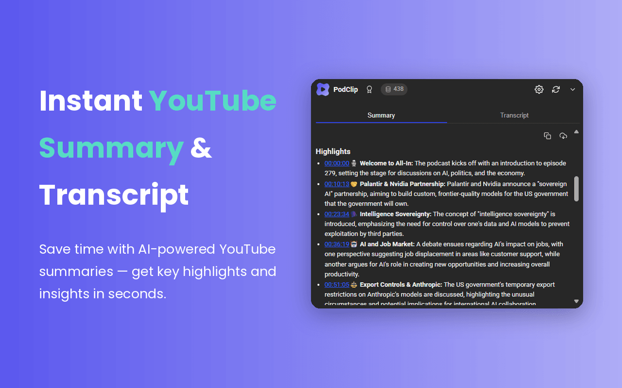 PodClip extension panel on a YouTube page showing an instant summary and transcript