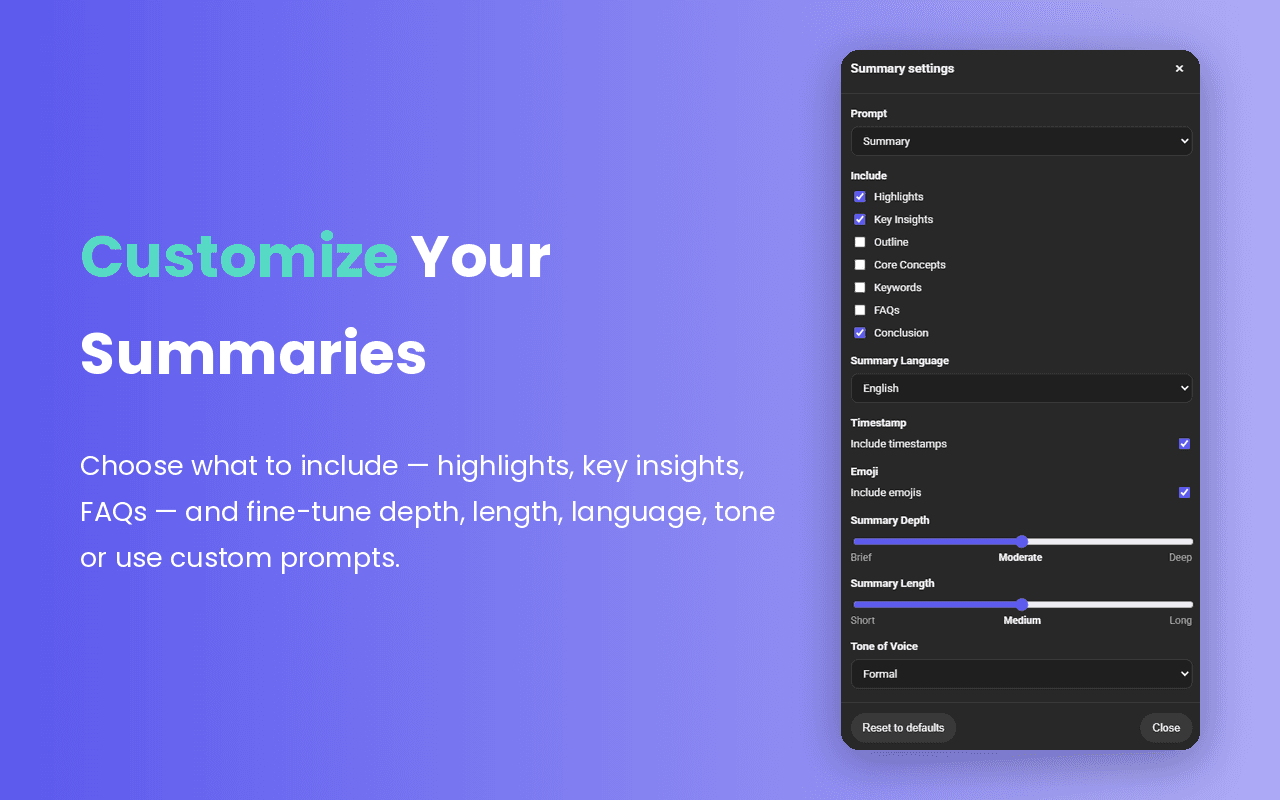 PodClip summary settings dialog with prompt, include options, language, depth, length and tone controls