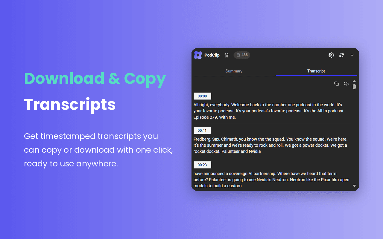 PodClip panel showing a timestamped YouTube transcript