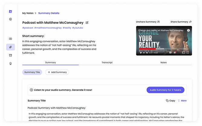 PodClip summary of a Matthew McConaughey podcast episode with key takeaways